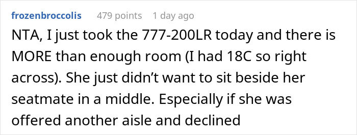 Reddit comment discussing refusal to switch airplane seats with a 60-year-old lady, citing seating arrangements.