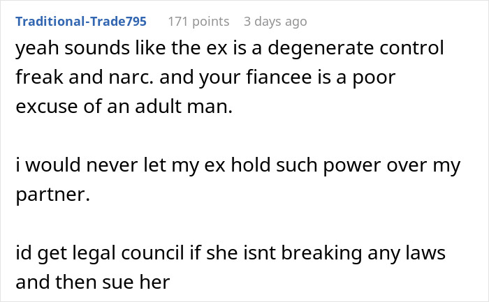 Reddit comment discussing an ex-husband and his fiancée, with advice about dealing with legal issues.