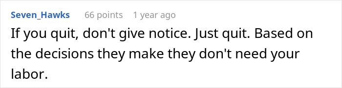 Reddit comment about quitting jobs without notice, mentions employer decisions like reducing hours for motorcycle purchase.