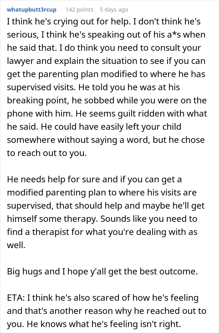 Comment discussing a dad struggling with parenting, suggesting therapy and supervised visits to help.