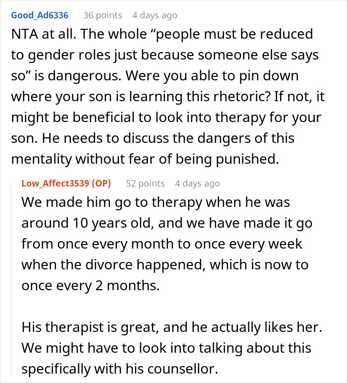 Reddit comments on gender roles and therapy for a teenager facing consequences.