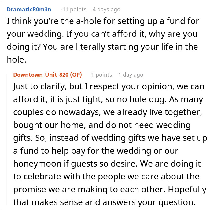 Reddit conversation about wedding fund and opinions on setting it up; discussion involves wedding gift alternatives.