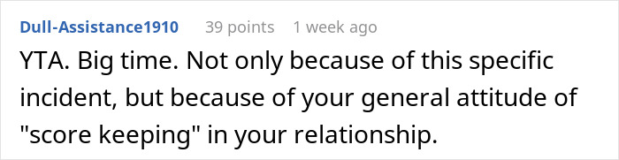 Reddit comment criticizing lack of self-awareness and scorekeeping in a relationship.