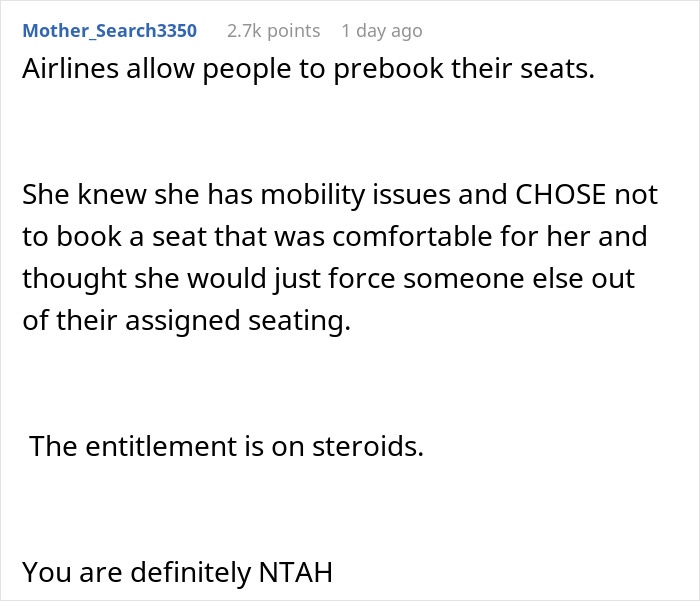 Discussion about refusing seat switch with elderly person claiming mobility issues.