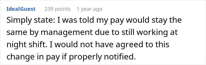 Comment discussing employer demands related to pay change due to night shift work.