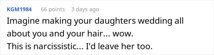 Comment criticizing a woman for focusing on her hair during her daughter's wedding.