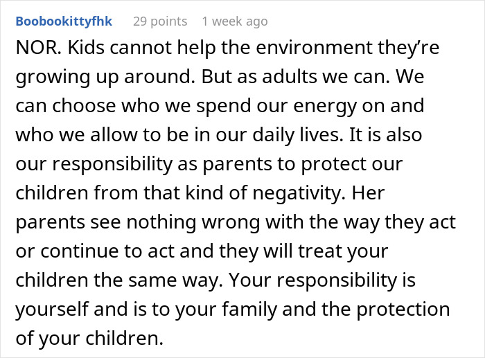 Reddit comment about an overbearing MIL and parenting responsibilities, emphasizing protecting kids from negativity.