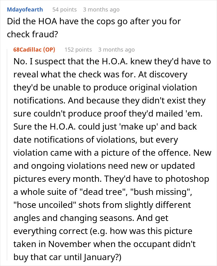 Reddit comment discussing HOA's alleged fake violation scheme and lack of evidence.