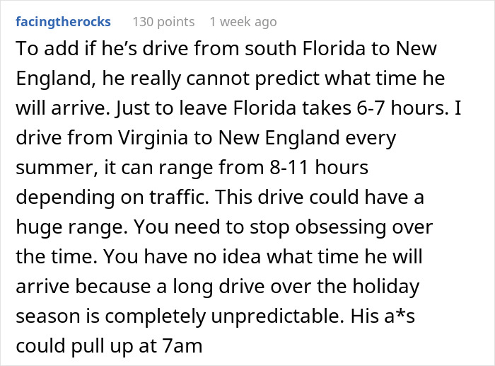 Text discussing unpredictable travel time during holiday season affecting a couple's plans.