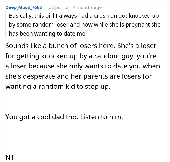 Text screenshot about a teen refusing to raise a baby that's not his, with strong opinions shared.