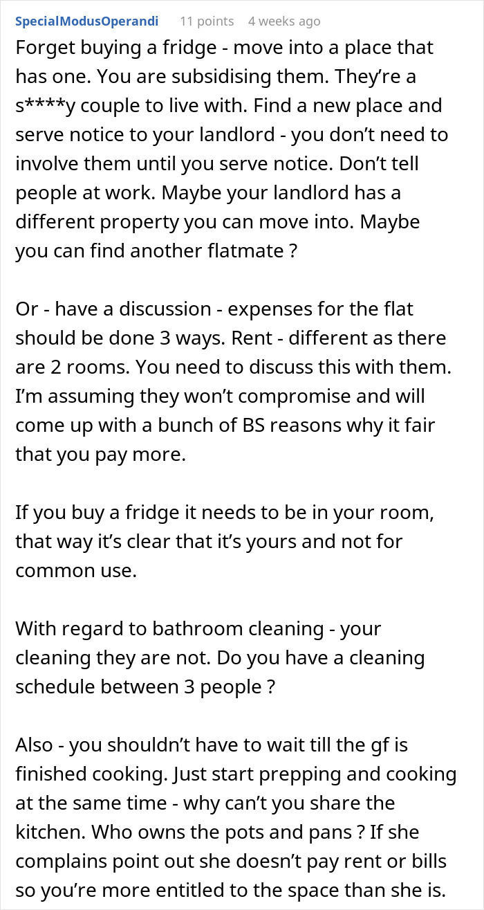 Text suggesting solutions for an awkward living situation after a girlfriend moved in, advising to find a new place.