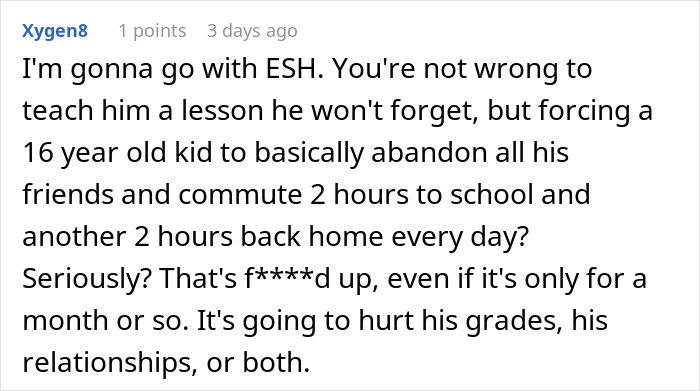 Reddit comment discussing the consequences of a teenager's views on chores and his father's response.