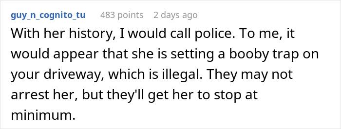 Comment discussing legal issues of setting booby traps with water, suggesting police involvement.