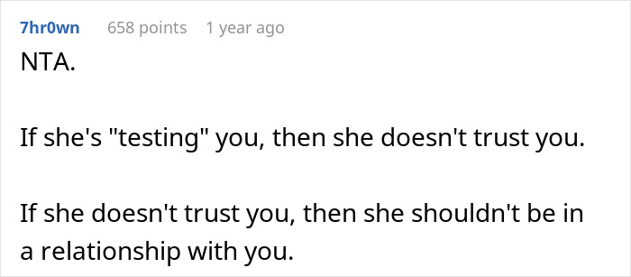 Reddit comment discussing trust issues in relationships related to lying tests.