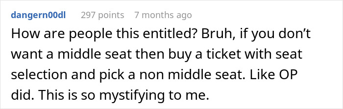 Reddit comment discussing entitled plane passenger upset over middle seat choice.