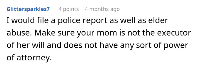 Reddit comment advising on fraud and elder abuse report regarding family financial issues.