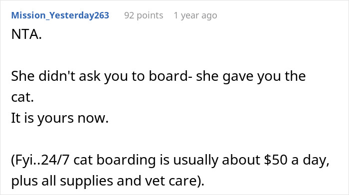 Reddit comment about a woman rehoming her cat and the implications of cat ownership responsibilities.