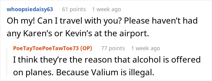 Reddit comments discussing airport travel experiences, humorously mentioning “Karens” and alcohol.