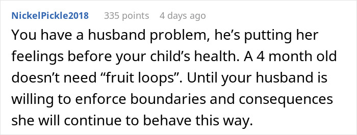 Text comment about husband prioritizing his mother's feelings over child's health.