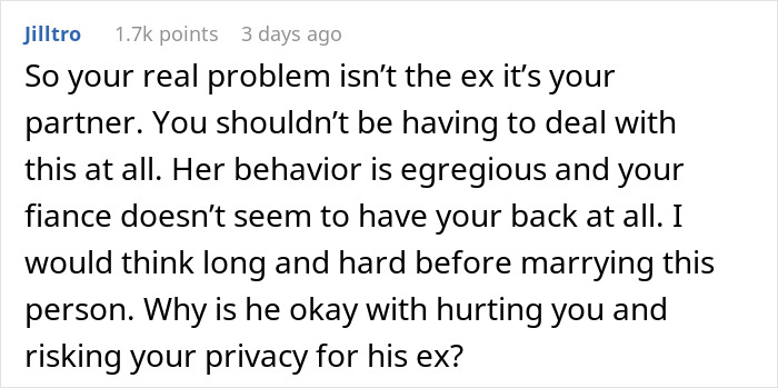 Text from a comment discussing relationship issues and privacy concerns involving an ex and a partner.