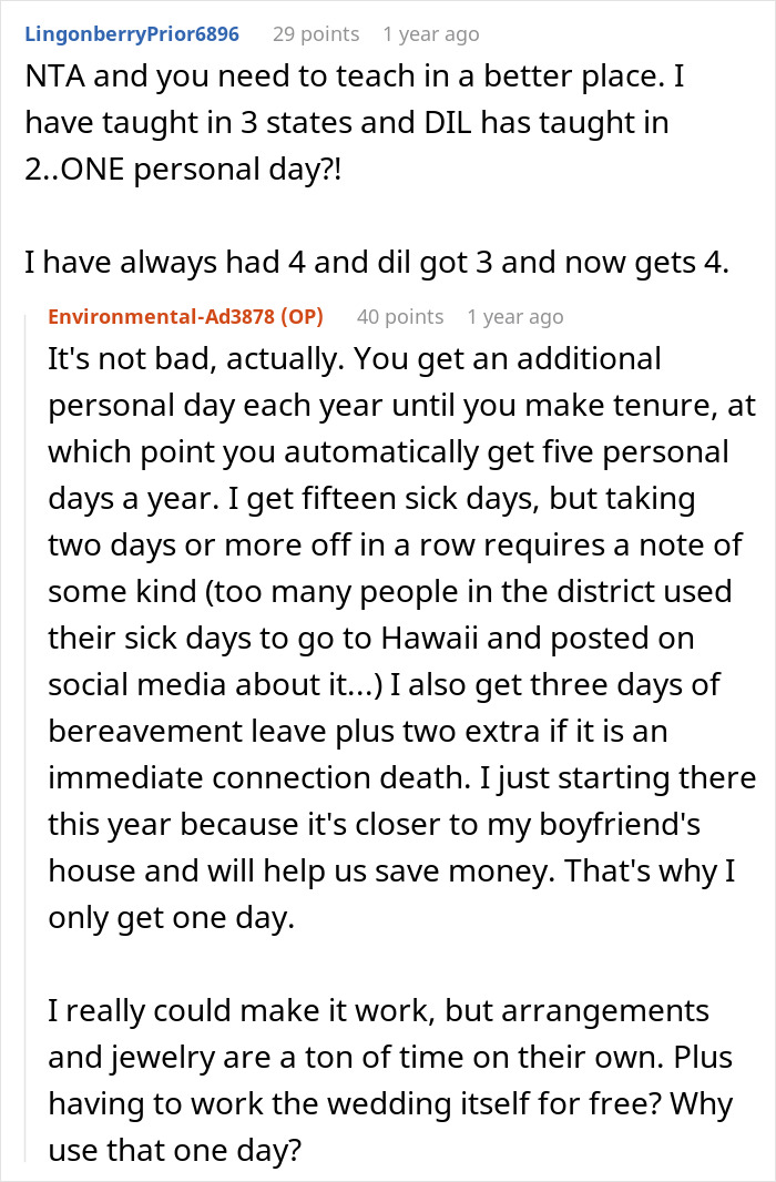 Reddit discussion about family assigning wedding chores to a woman; commenters debate personal and sick leave policies.