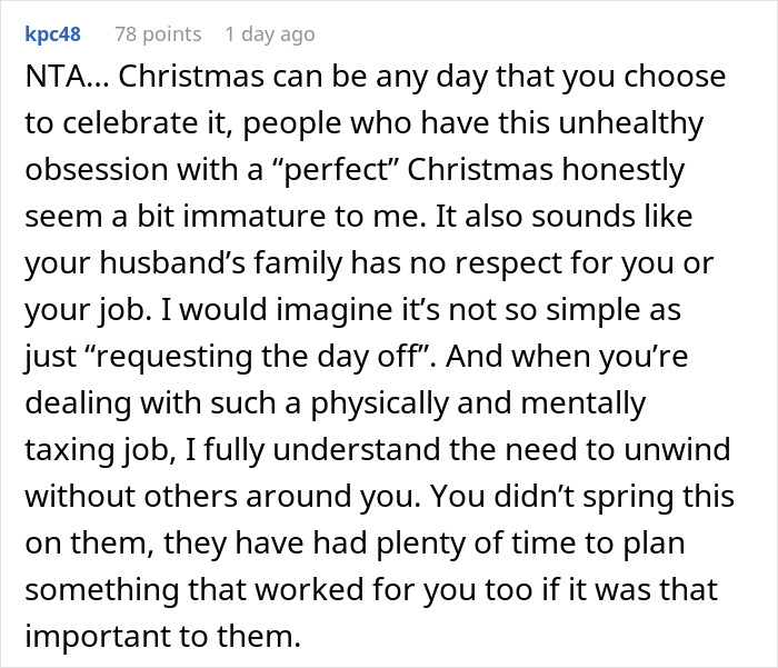 Comment discussing husband's family expectations for Christmas.