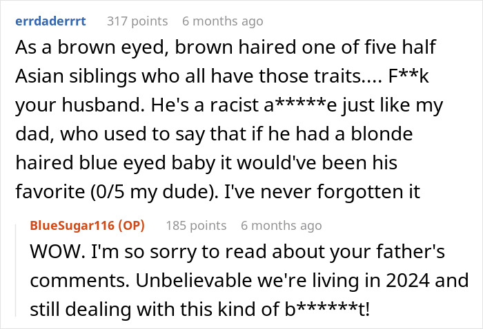 Reddit comments discussing racial bias and family issues related to Asian features in children.