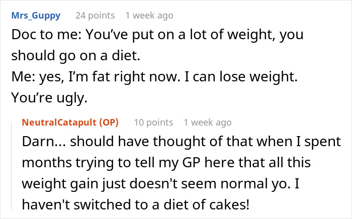 Fat-shaming conversation highlighting reactive humor to weight comments.