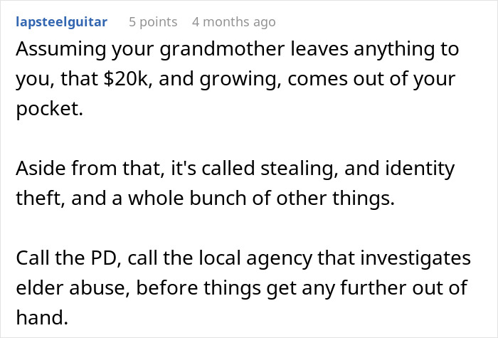 Reddit comment discussing fraud and elder abuse related to $20,000 debt.