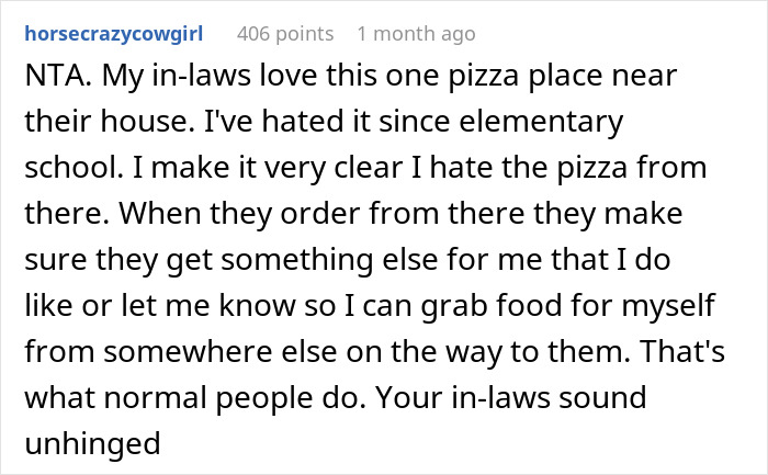 Comment discussing dislike for a favorite pizza place, emphasizing in-law conflict.