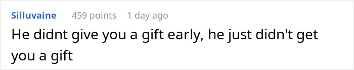 Screenshot of a comment about not receiving a christmas gift early.