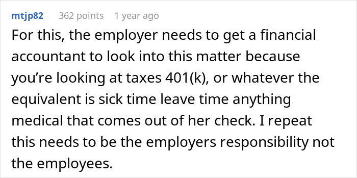 A Reddit comment about employer overpayment responsibility and financial advice.