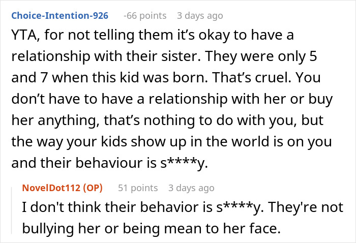 Screenshot of Reddit comments discussing the morality of buying gifts for an ex's affair child.