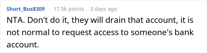 Reddit comment warns against giving bank access, highlighting the importance of mother, money, and family emergency decisions.