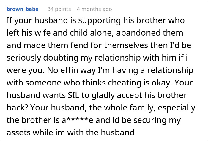 Reddit comment discussing a man abandoning family for a mistress and resulting relationship doubts.