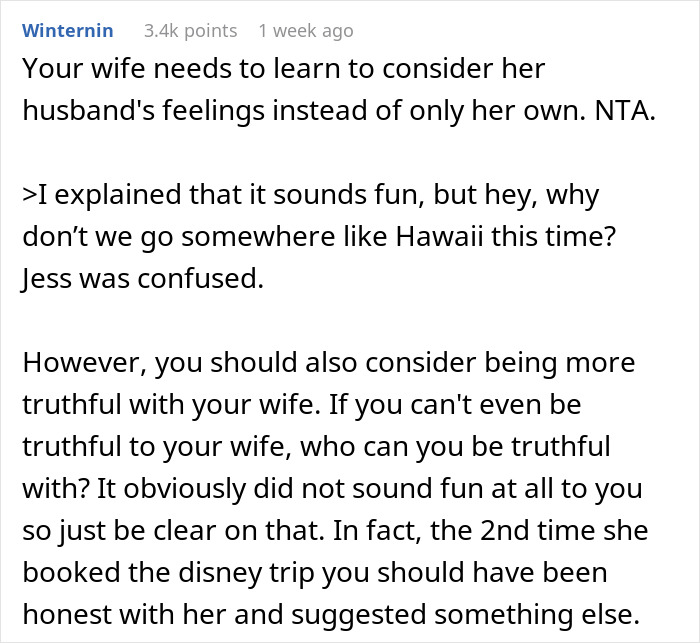 Text suggesting a vacation in Hawaii after nine Disney trips, discussing wife's reaction.