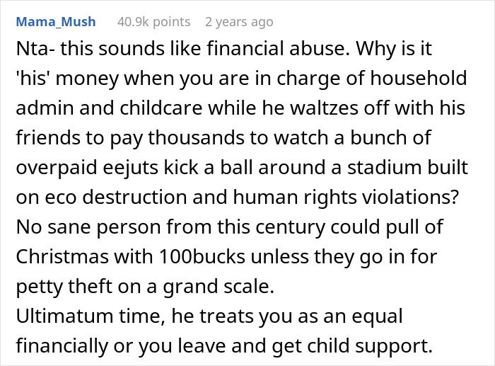 Reddit comment discussing financial abuse in marriage concerning Christmas budgeting and vacation spending.