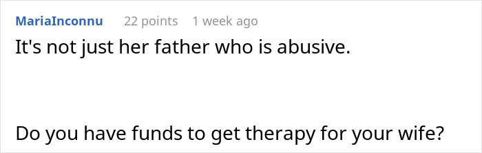 Comment about an overbearing MIL suggesting therapy for wife's abusive behavior.