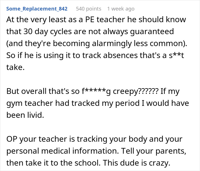 Comment discussing concerns about a teacher clocking periods and privacy issues.