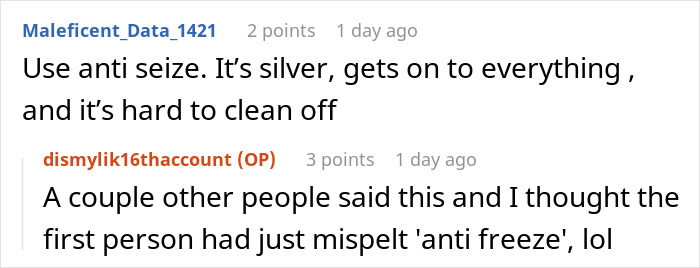 Reddit thread discussing using anti-seize on cars, with one user clarifying a misunderstanding.