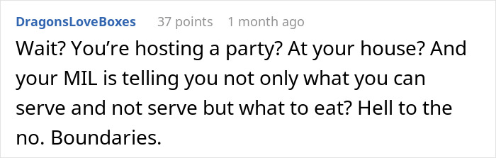 Comment discussing boundaries with MIL over favorite pizza place choices at a party.