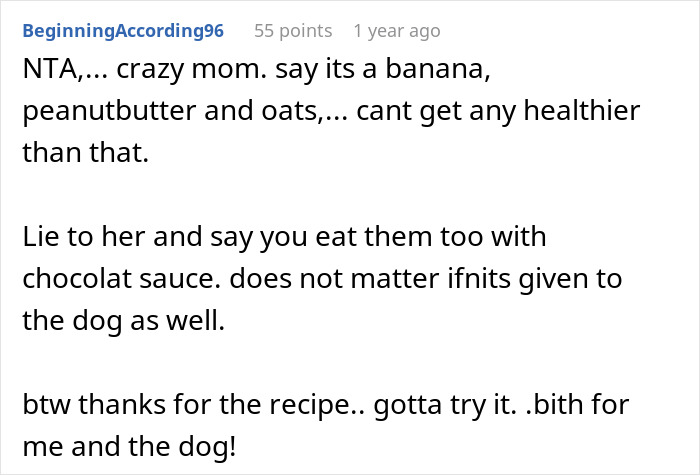 A Reddit comment discussing dog treats made of banana, peanut butter, and oats, suggesting they can also be eaten by people.