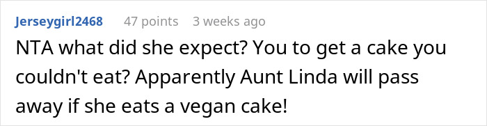 Comment discussing wedding cake labeled as vegan by guest.