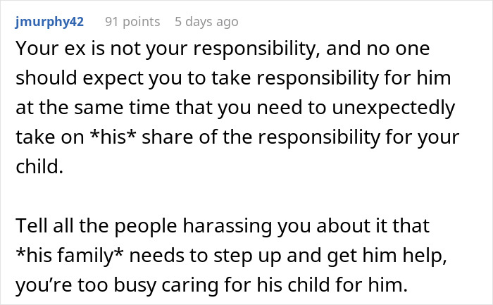 Comment discussing responsibility of an ex in childcare scenario.