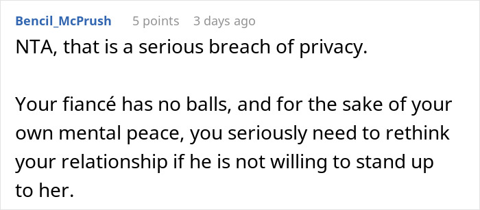 Text comment discussing privacy breach and relationship issues.