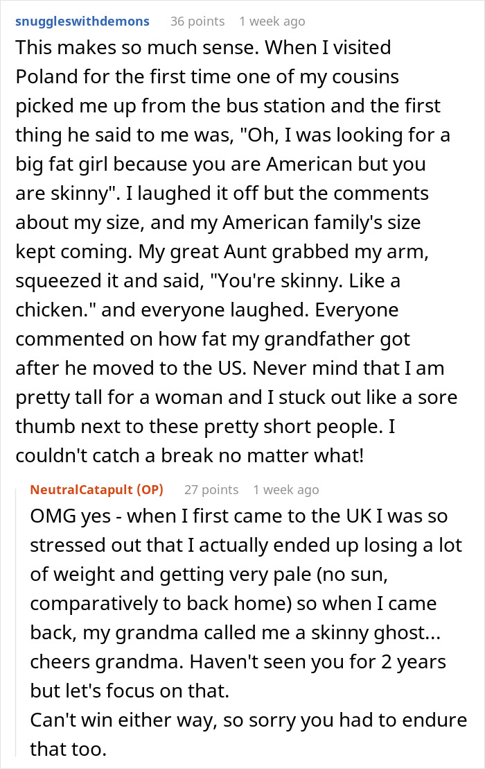 Reddit discussion about cultural experiences related to fat-shaming, featuring personal anecdotes from users.