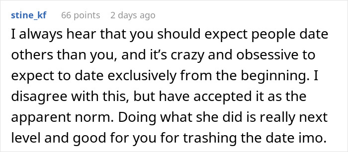 Comment discussing dating expectations and norms, mentioning the decision to trash a date.