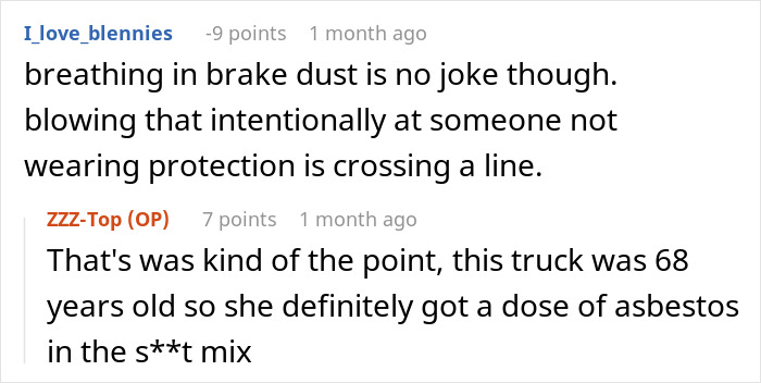 Text exchange discussing the dangers of not wearing masks to protect against brake dust and asbestos as petty revenge.