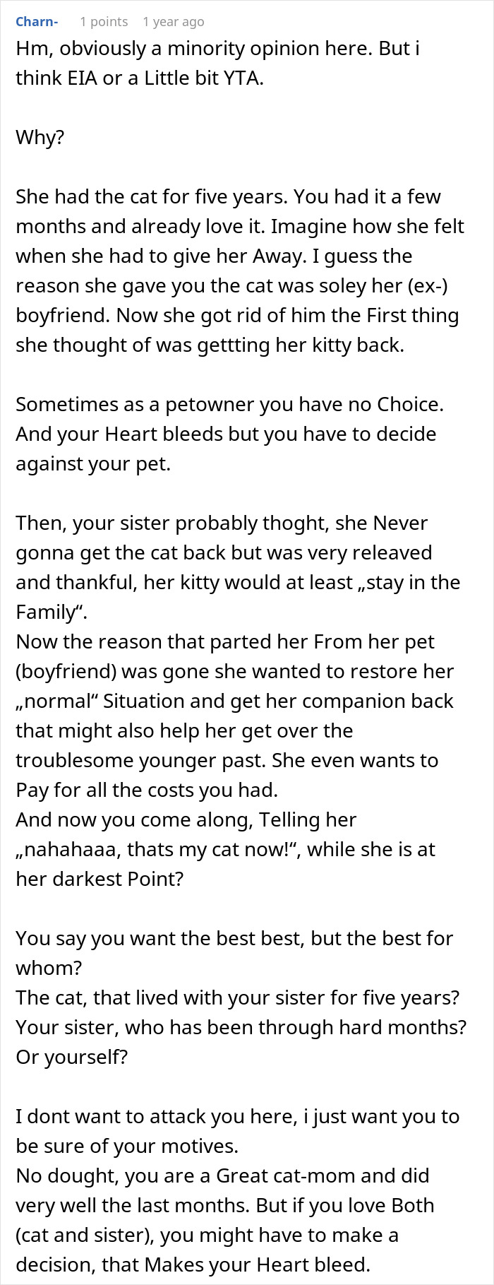 Text discussing a woman rehoming her cat and wanting it back.