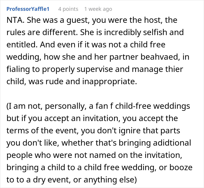 Reddit comment criticizing a bride for bringing her child to her own child-free wedding.